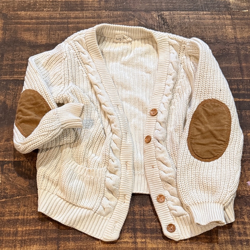 Lacey Lane Cozy Cream Cable Knit Sweater with Brown Elbow Patches